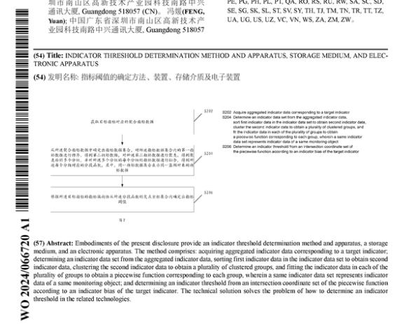 中兴通讯股份有限公司中兴通讯公布国际专利申请：“指标阈值的确定方法、装置、存储介质及电子装置”